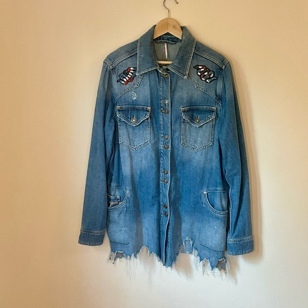 Free People Moonchild Denim Shirt Jacket, Sz M